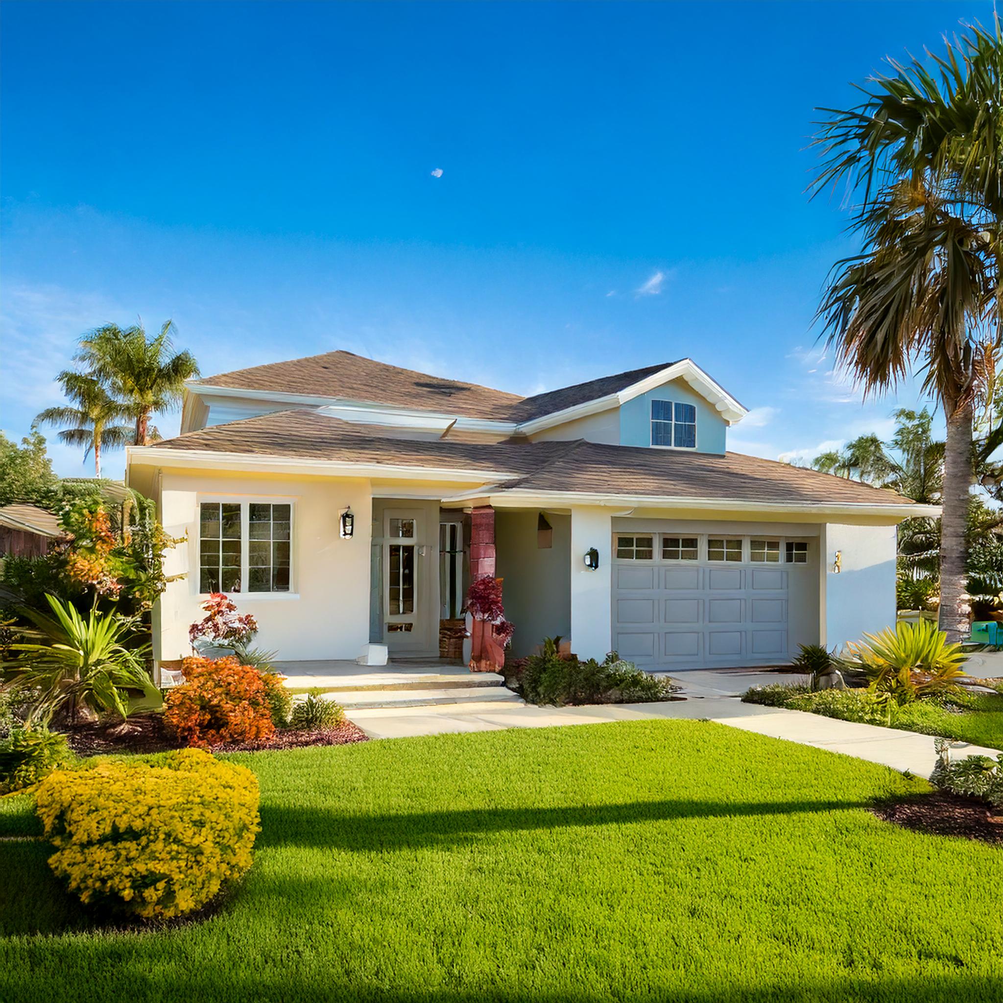 A modern Florida suburban home with a well-manicured lawn, palm trees in the background, and a bright blue sky overhead, showcasing a peaceful and inviting atmosphere.