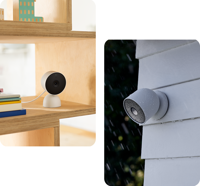 A Nest Indoor Camera on a shelf and a Nest Outdoor Camera mounted outside a house in the rain.