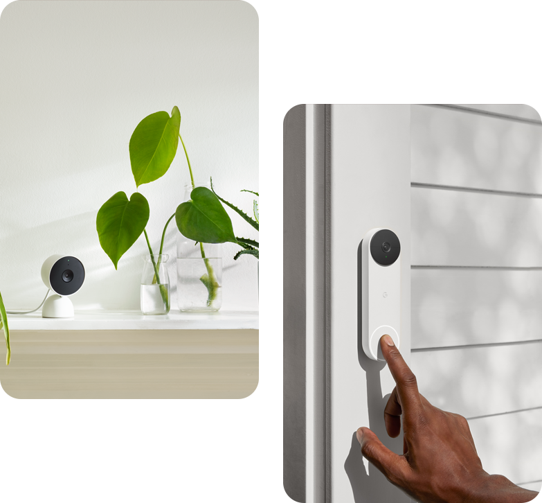 Google Home Indoor Camera on a shelf with plants and a Google Home Doorbell being pressed on an exterior wall.