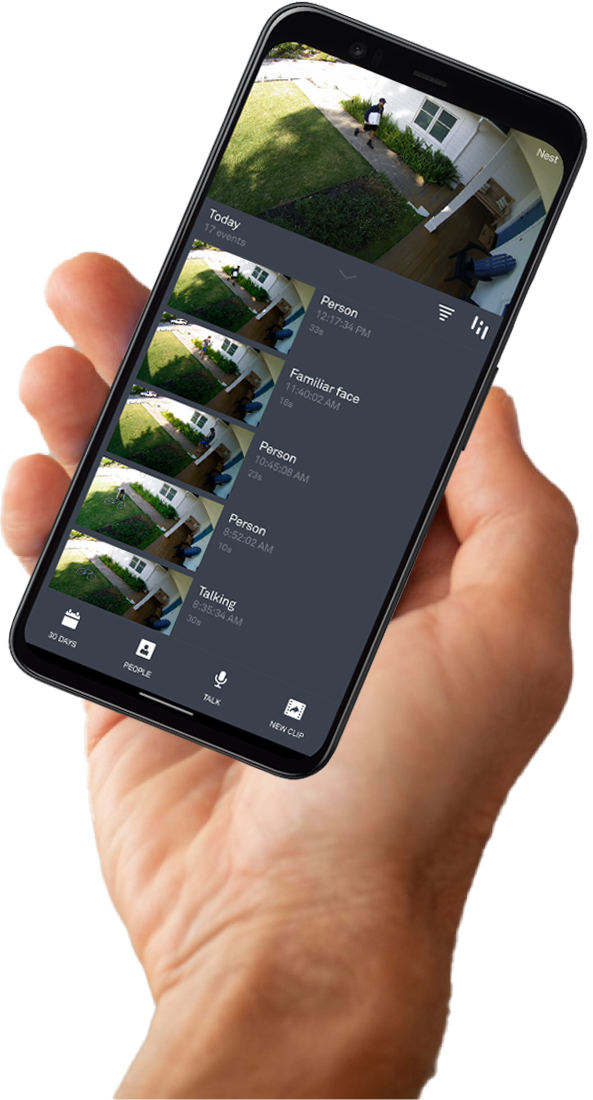 Hand holding a smartphone displaying a live security camera feed and recorded events.