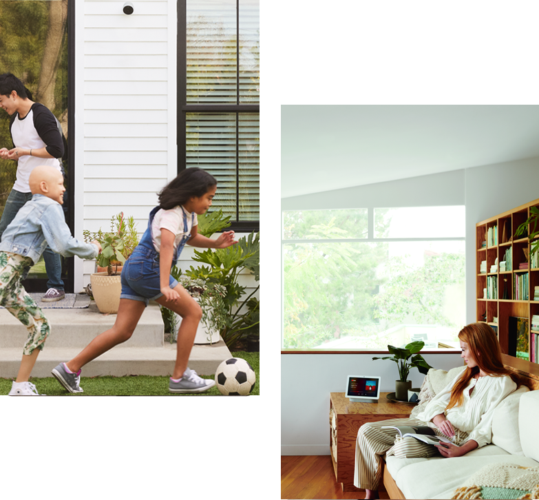 Two children playing soccer outside a house equipped with a security camera, while a woman relaxes indoors on a couch using a smart home hub.
