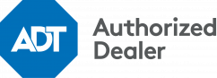 ADT Authorized Dealer logo featuring the ADT blue shield and text in gray.
